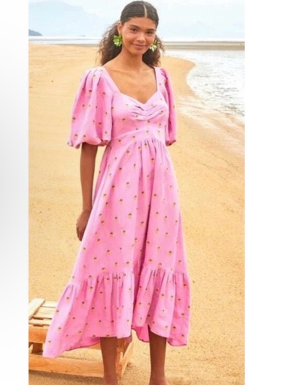 FARM RIO Embroidered Pineapples Pink Midi Ruffle Puff sleeve Dress Size Small
